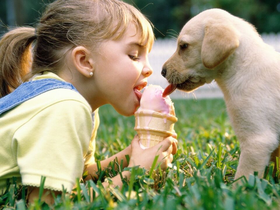 Ragazza e cane mangiano il gelato e si infettano con i parassiti